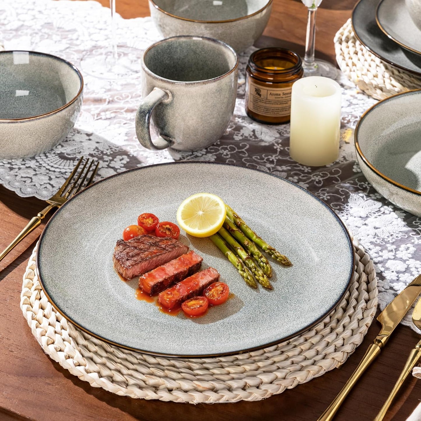 GBHOME 24 Pieces Ceramic Dinnerware Sets for 6, Stoneware Plates and Bowls Set with Reactive Glaze, Scratch Resistant Stoneware Dishes Set, Dishwasher & Microwave Safe