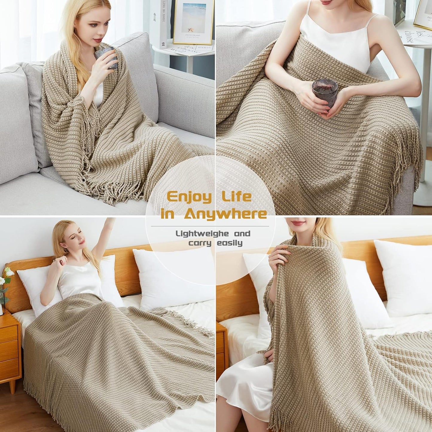 Blagic Knitted Throw Blanket for Couch,Soft Farmhouse Throw Blanket with Tassels,Home Decorative Lightweight Throw Blankets,Camel Throws for Bed/Chair/Sofa, 50" W x 60" L