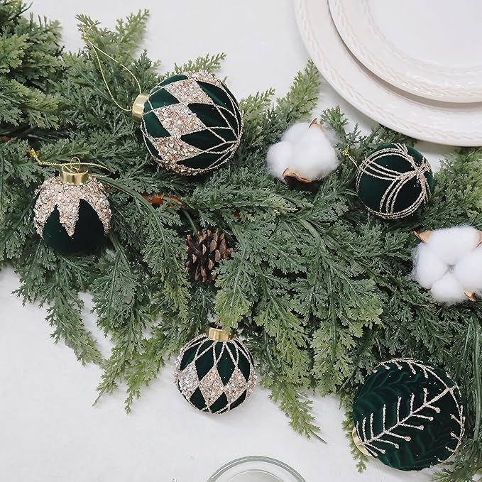 3.15INCH Green Velvet Ornaments for Christmas Tree, 12PCS Glitter Flocked Christmas Ornaments Decorations Balls Set Decor