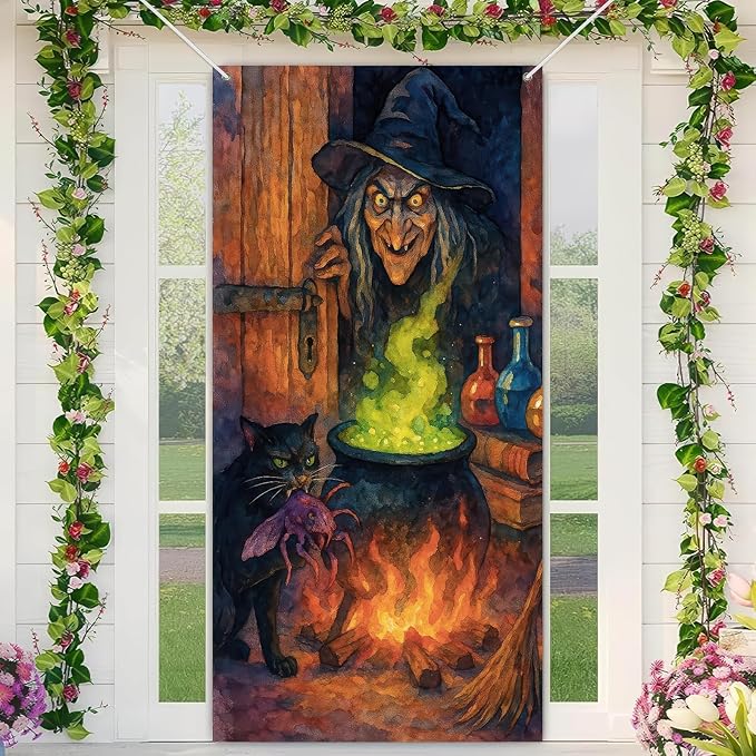 Witch Cauldron Door Cover Halloween Decorations 35x71 Inch Door Banner with Black Cat and Potion Green Fire Spooky Decor for Haunted House Party Indoor Wall Scene