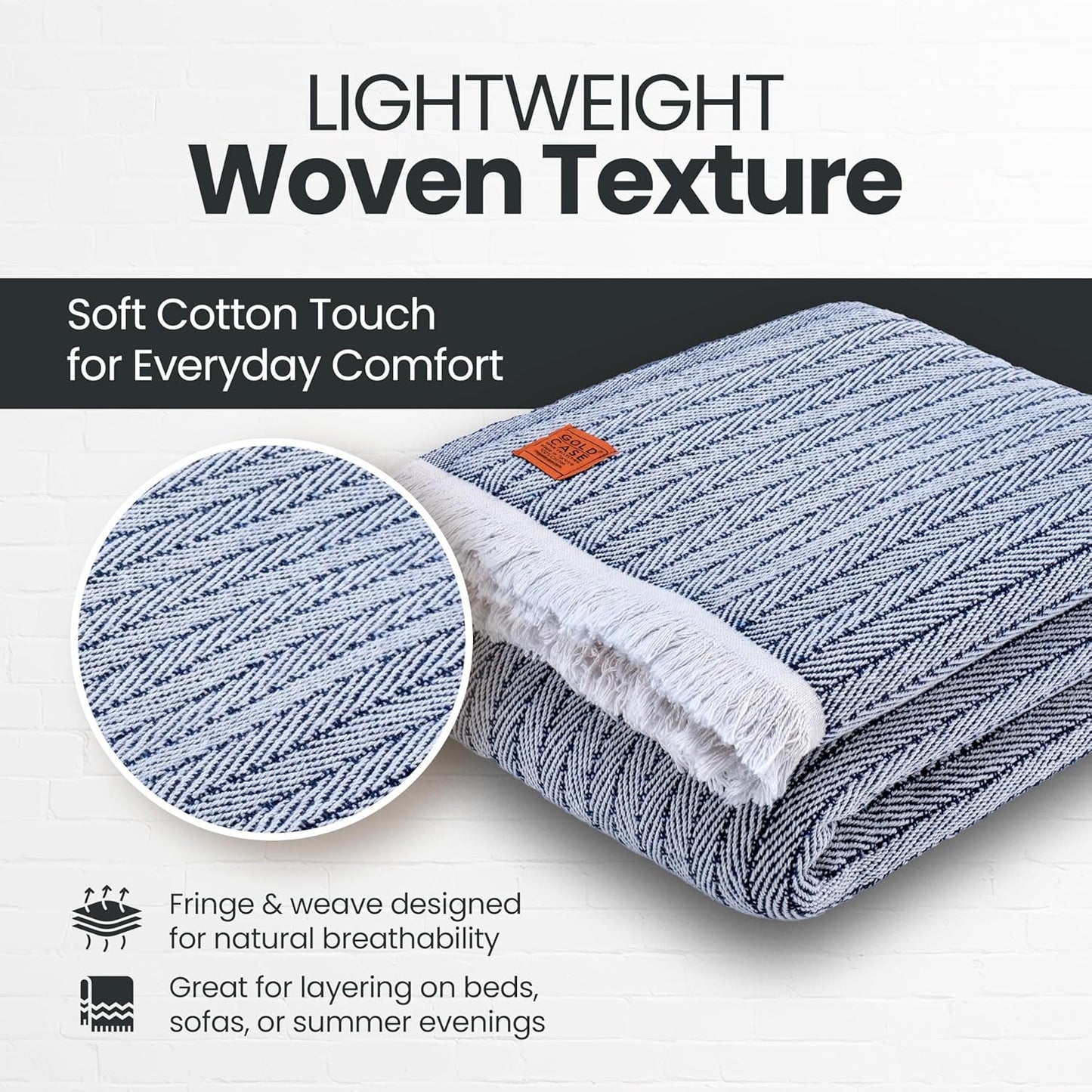 Gold Case Throw Blanket for Bed - 100% Recycled Turkish Cotton Blanket - Vintage Lightweight Soft Throw Blankets for Bed & Living Room - Queen Size Cozy Blankets - 90x90 - Navy Blue