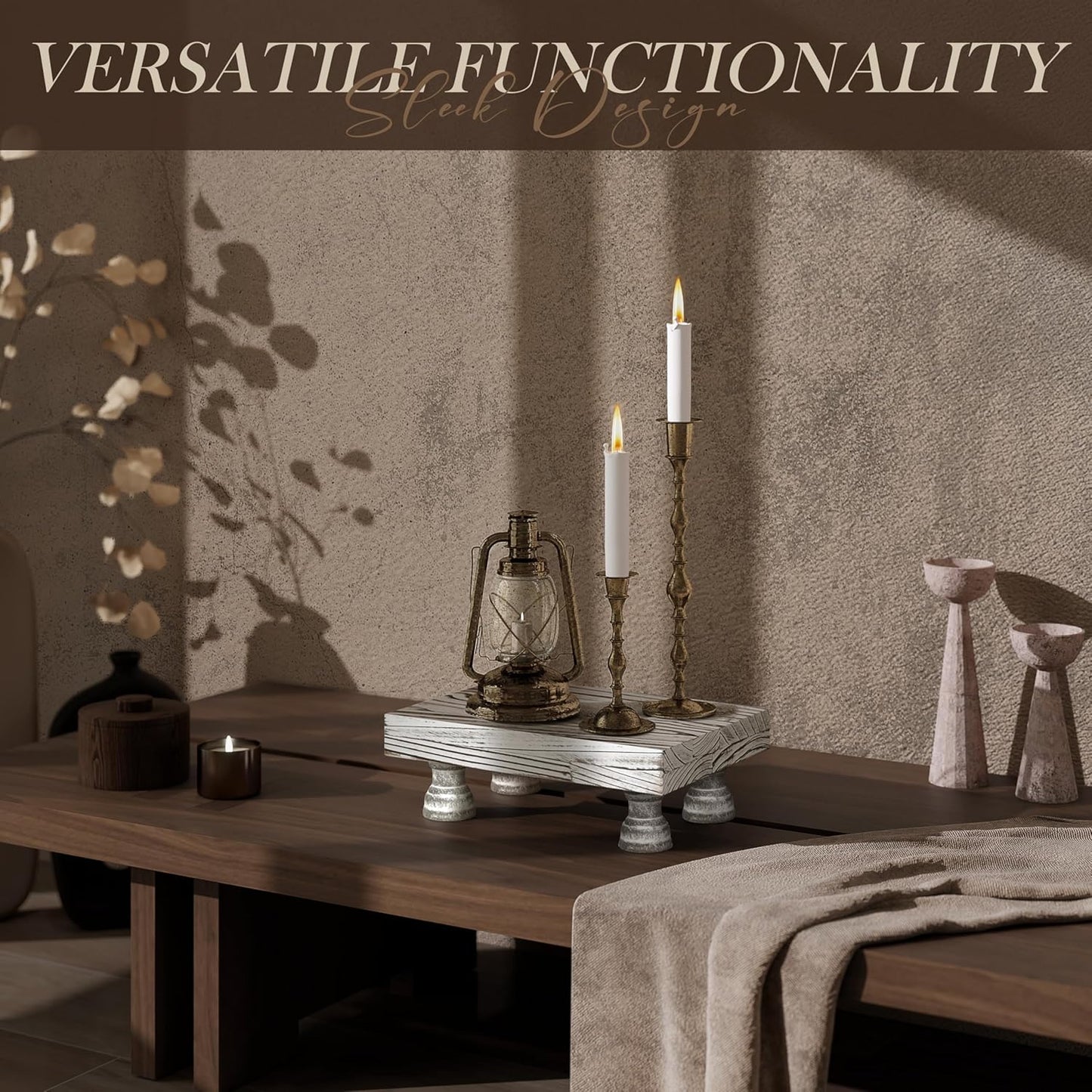 EOSAHR Boho Fir Wood Risers for Decor for Small Vanity - Decorative Risers Display Stand for Home Decor - Double as Plant Stand & Perfume Organizer (Distressed White, 8.5")