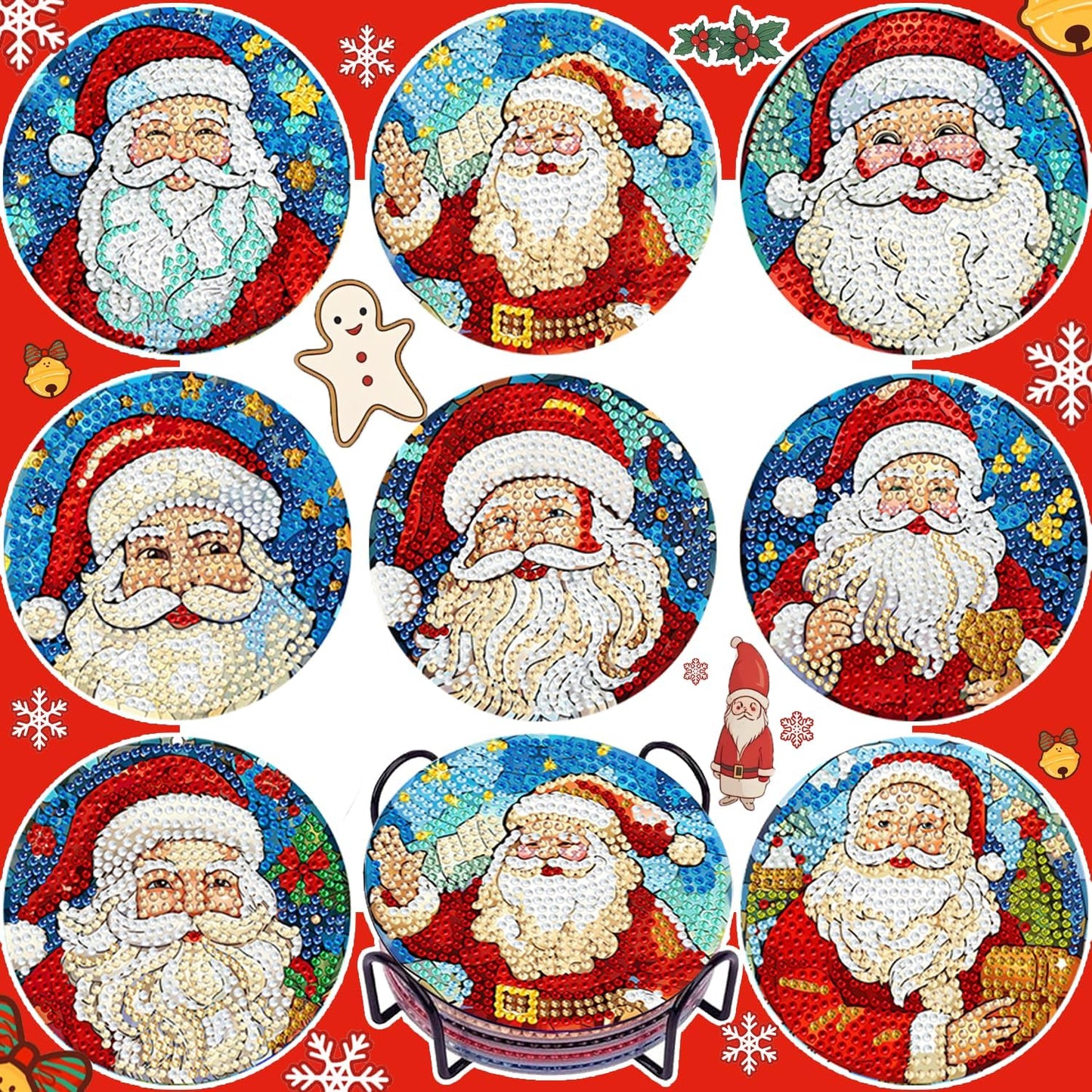 DOTSOPS 8 Pcs Diamond Art Coasters with Holder for Adults Beginners Diamond Craft for Christmas Birthday Gifts (Santa Claus)
