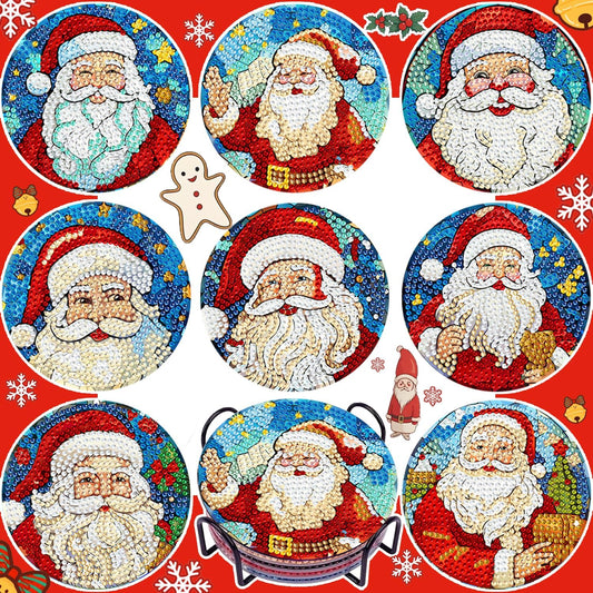 DOTSOPS 8 Pcs Diamond Art Coasters with Holder for Adults Beginners Diamond Craft for Christmas Birthday Gifts (Santa Claus)