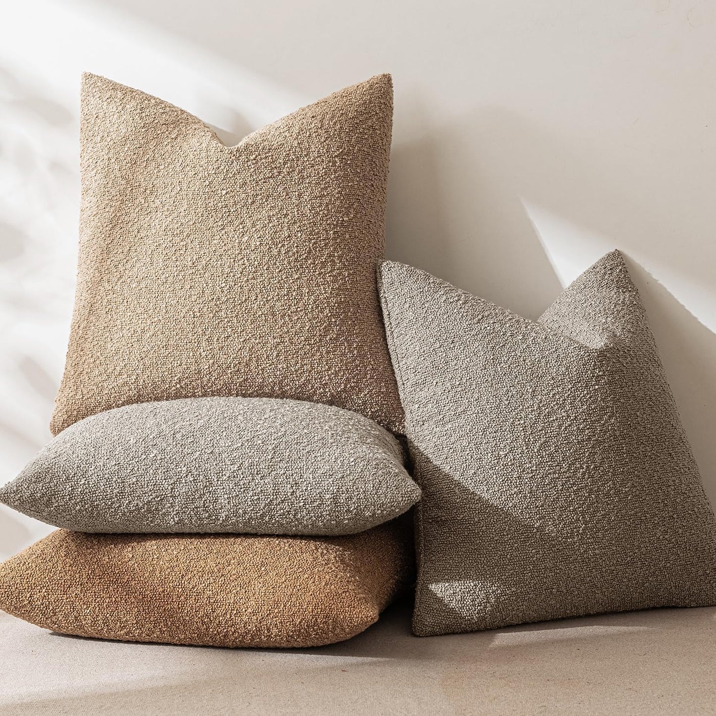 MIULEE 24x24 Decorative Euro Sham Throw Pillows for Bed Set of 2 Textured Boucle Neutral Winter Throw Pillow Covers Light Taupe Accent Solid Couch Pillowcases Sofa Livingroom Home Decor