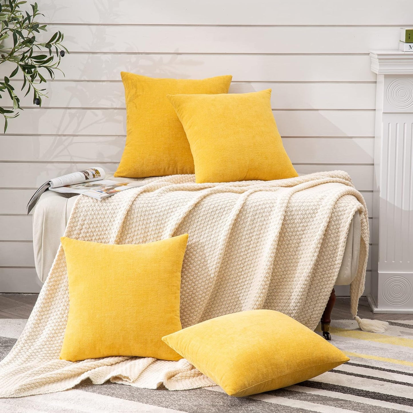 GAWAMAY Decorative Square Throw Pillow Covers 18"x18" Inch Set of 4, Super Soft Chenille Pillows Cover Fall Pillowcase for Living Room Bedroom Sofa Couch Cushion Cover Mustard Yellow 45x45cm