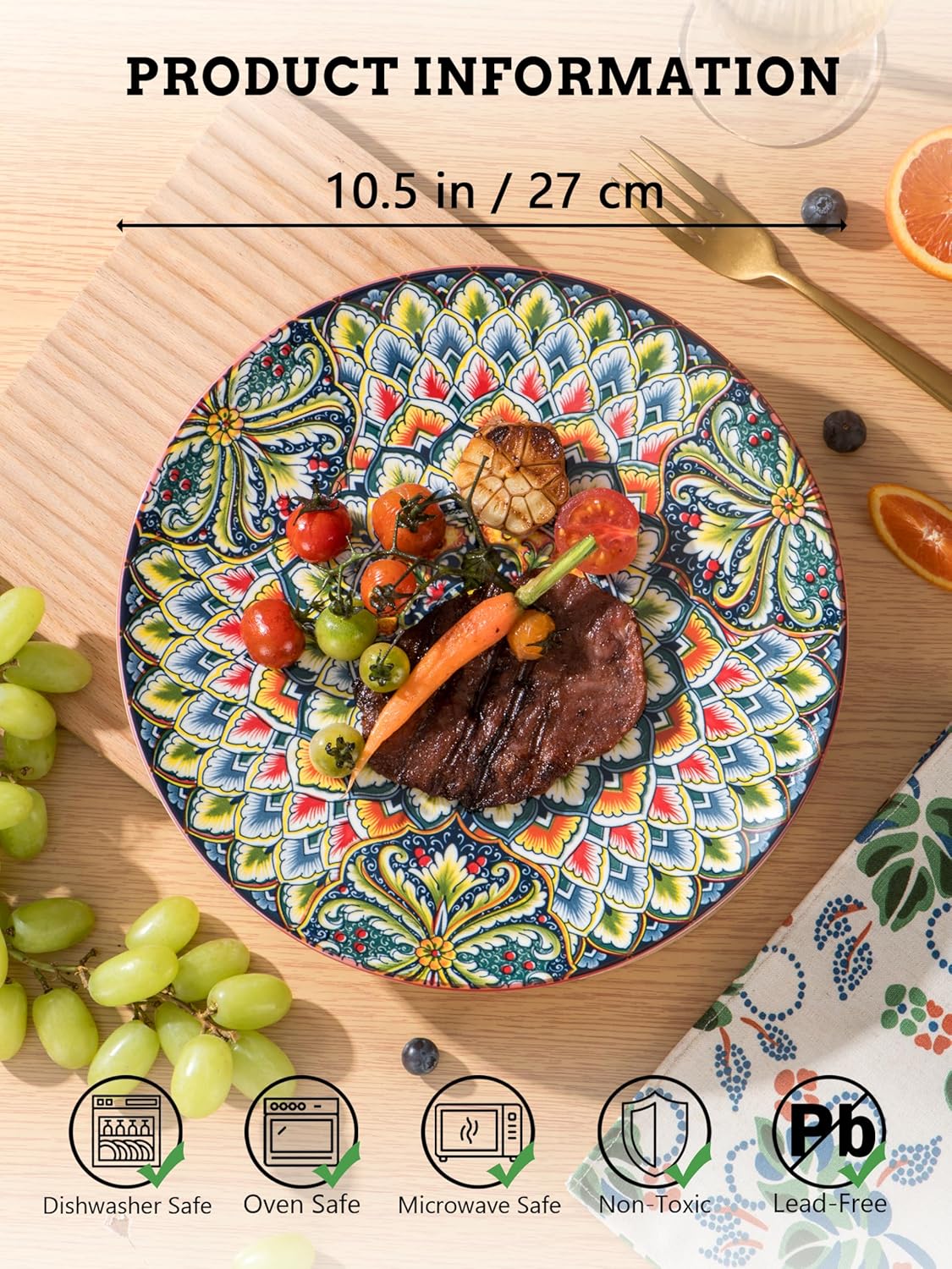 Henten Home Dinner Plates Set of 6, 10.5 Inch Porcelain Plate, Colorful Bohemian Serving Dishes for Kitchen, Pasta, Salad, Decorative, Microwave & Dishwasher Safe