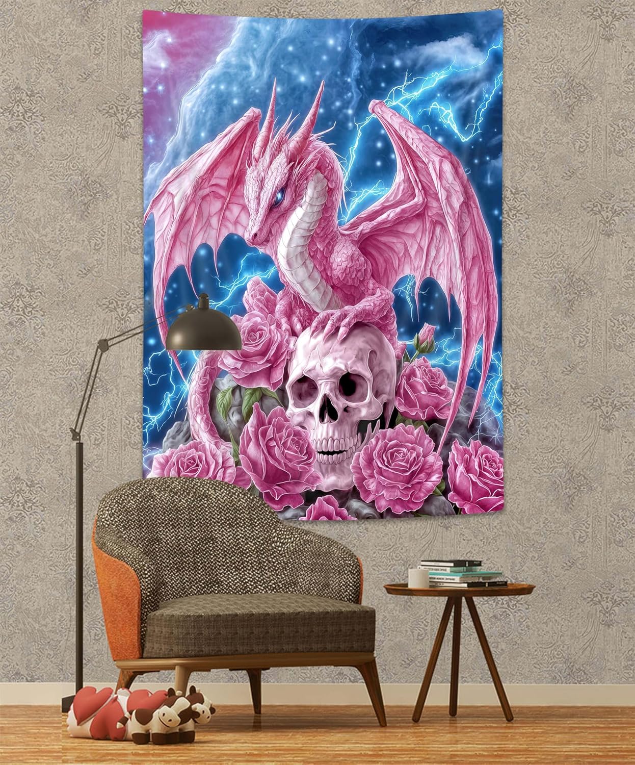 DYNH Pink Dragon Dragon Art Tapestry,Rose Flowers Skull Skeleton Gothic Tapestries,Lightning Flash Dreamy Wall Hanging for Bedroom Living Room,40X60Inches