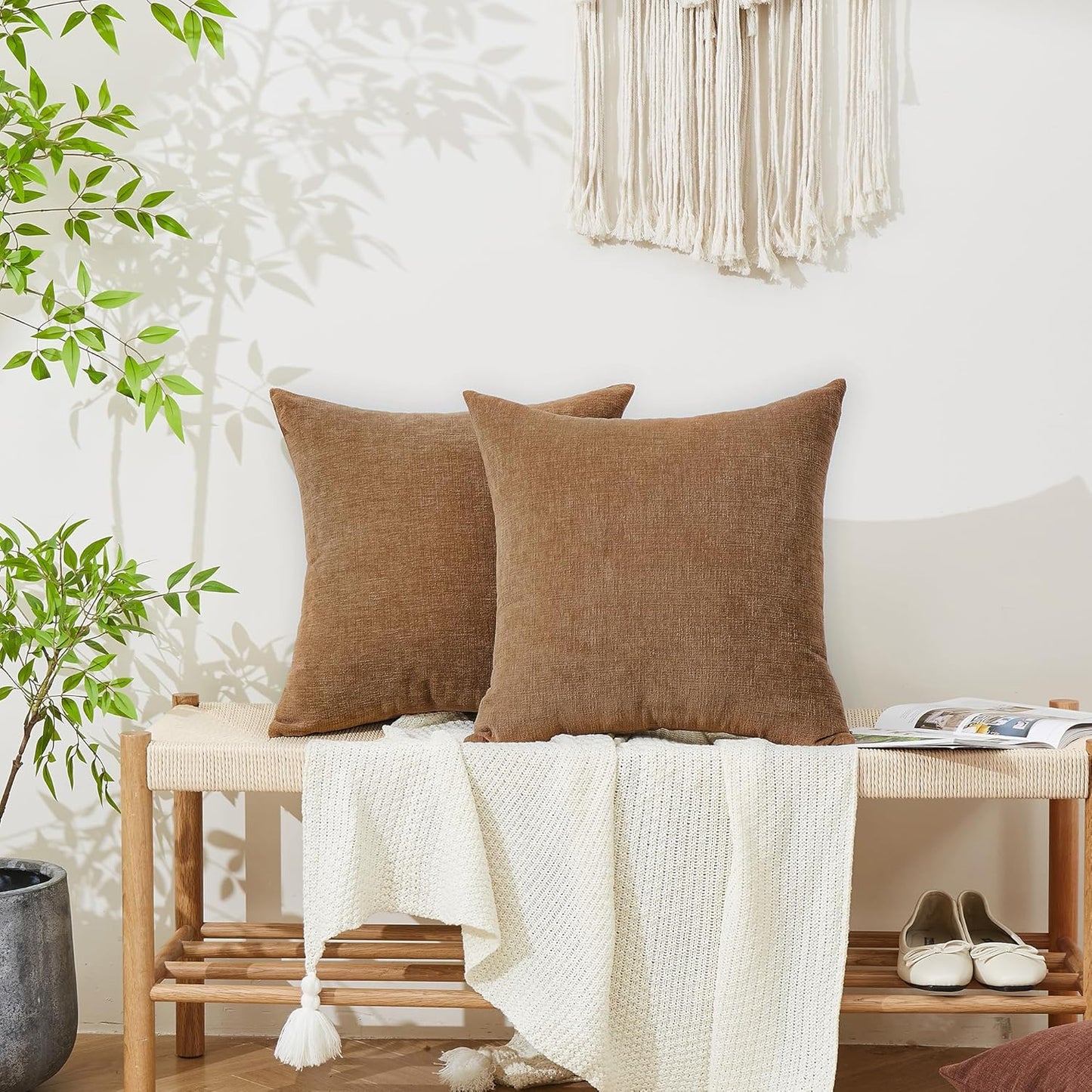 GAWAMAY Decorative Square Throw Pillow Covers 20"x20" Inch Set of 2, Super Soft Chenille Pillows Farmhouse Fall Pillowcase for Living Room Bedroom Sofa Couch Cushion Cover Brown 50x50cm (No Inserts)