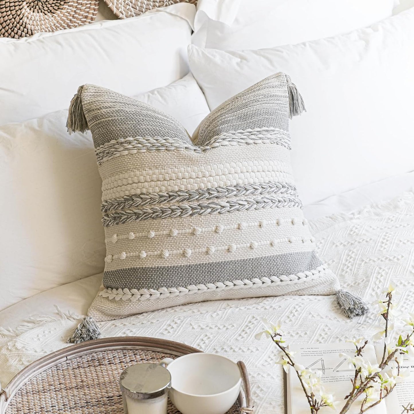 BlissBlush Gray Boho Decorative Throw Pillow Cover 22x22 Square Farmhouse Accent Cushion for Couch Sofa Livingroom Bedroom Pillowcase Modern Home Décor (Pack of 1)