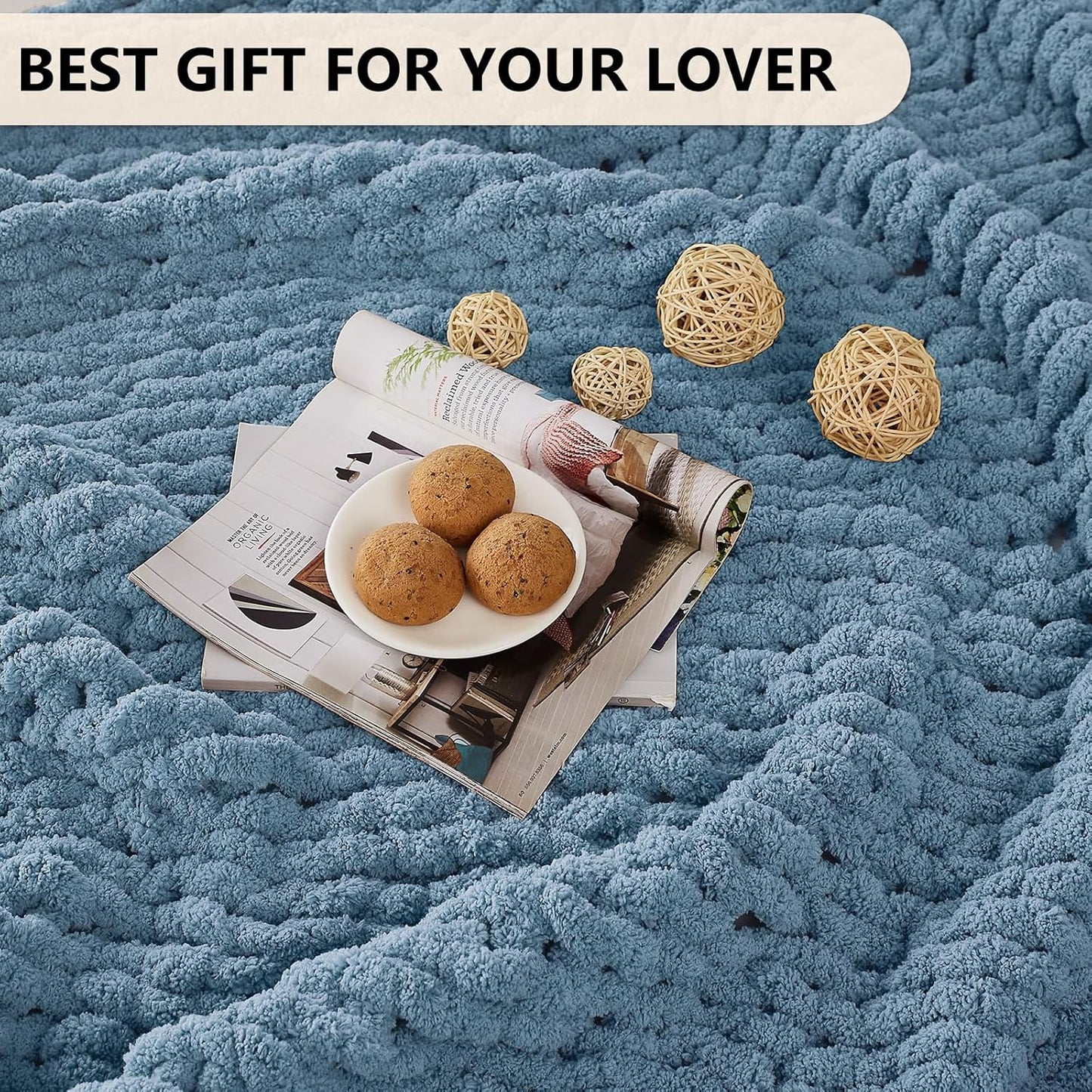 L'AGRATY Chunky Knit Blanket Throw: 50''x60'' Chenille Chunky Knitted Throw Blanket for Bed Couch - Handmade Thick Big Cable Knit Blanket - Large Crochet Rope Blanket for Home Decor(Airy Blue)