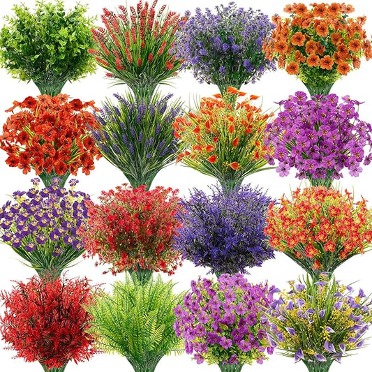 Zeyune 64 Bundles Faux Flowers Outdoors UV Resistant Artificial Plastic Flowers Plants Fake Realistic Eucalyptus Violet Lavender Plant Wildflower Bulk for Outside Yard Home Patio Garden Decor(Vivid)