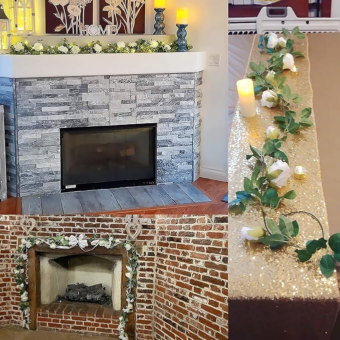 UKELER 2 Pack 14FT Artificial Rose Vines White Flower Garland Artificial Rose Flowers with Green Leaves Floral Plant for Wedding Arch Party Garden Craft Home Decor