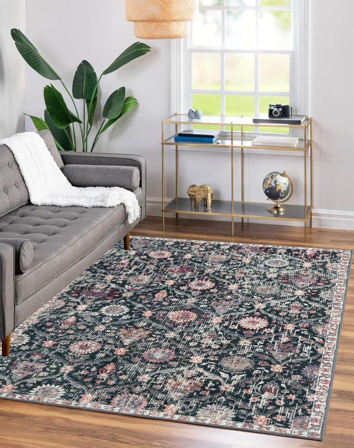 Lahome Moroccan Trellis Washable Small Area Rug, 3x5 Black Rug for Bedroom Living Room, Non-Slip Oriental Accent Throw Carpet for Kitchen Office Entryway Bathroom Office, Black/Multi