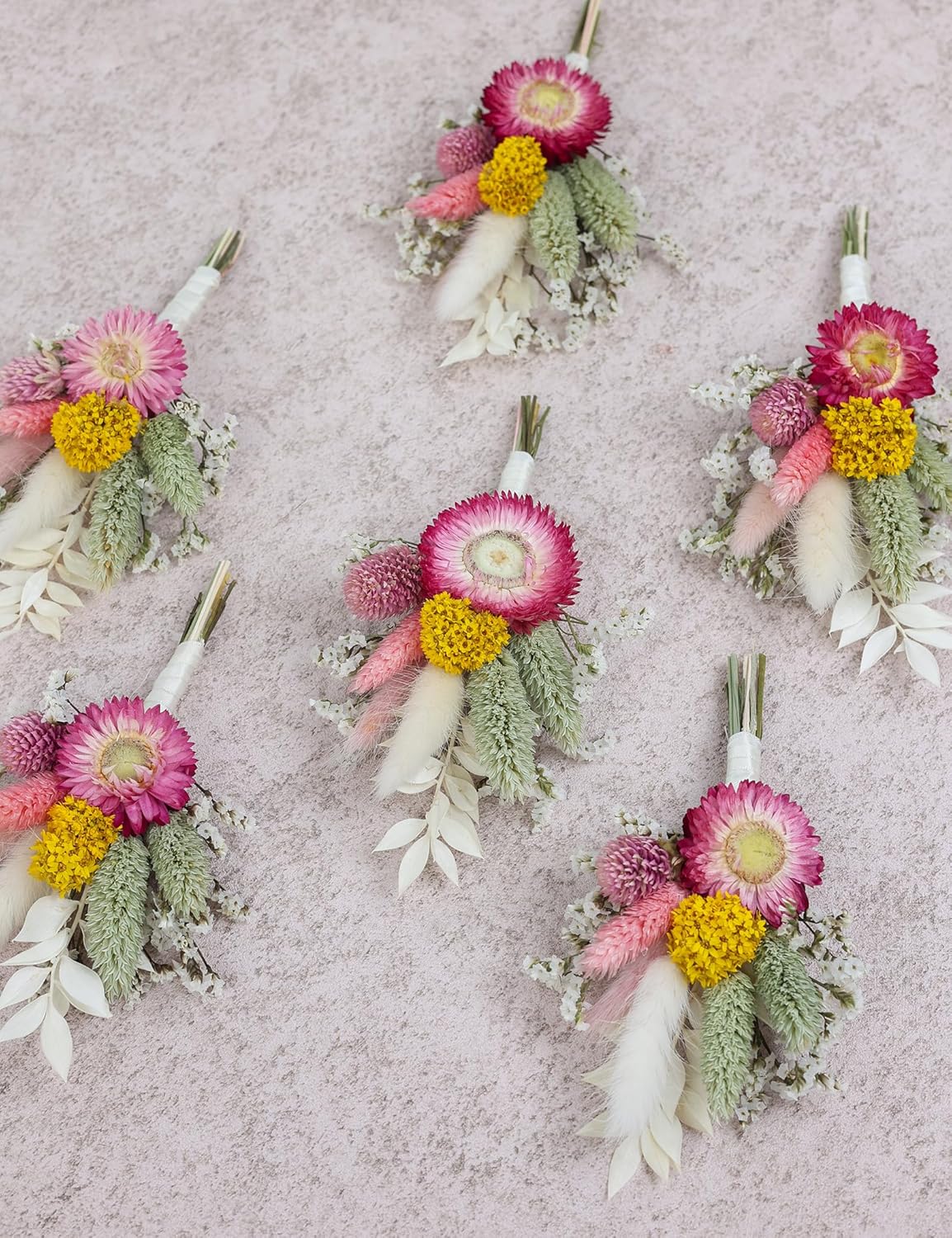 Mini Dried Flower Bouquet (Set of 6) for Handmade Craft Decorations and Boutonnieres for Groomsmen and Groomsmen. (Burgundy)