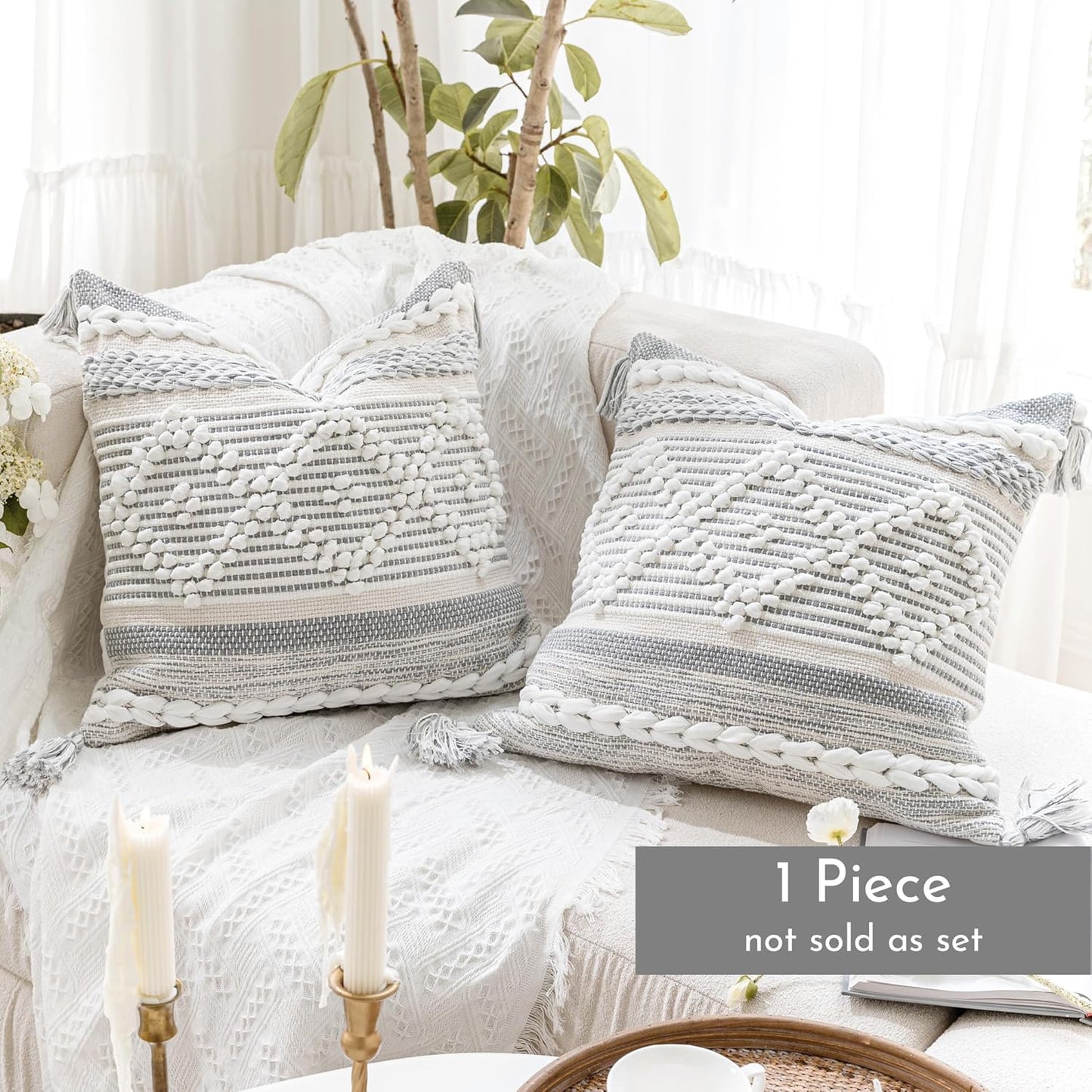 BlissBlush Gray Boho Throw Pillow Cover 22X22, Woven Textured Accent Pillow Cover, Sofa Couch Bed Farmhouse Pillow with Tassels (Cover ONLY)