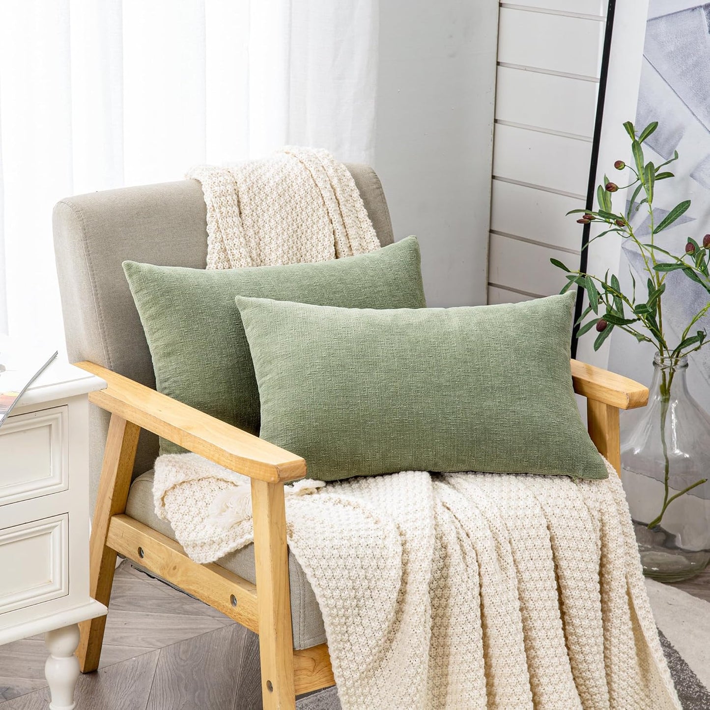 GAWAMAY Lumbar Decorative Rectangle Throw Pillow Covers 12"x20" Inch Set of 2, Super Soft Chenille Throw Pillowcase for Sofa Living Room Bedroom Couch Cushion Cover Sage Green 30x50cm (ONLY Covers)