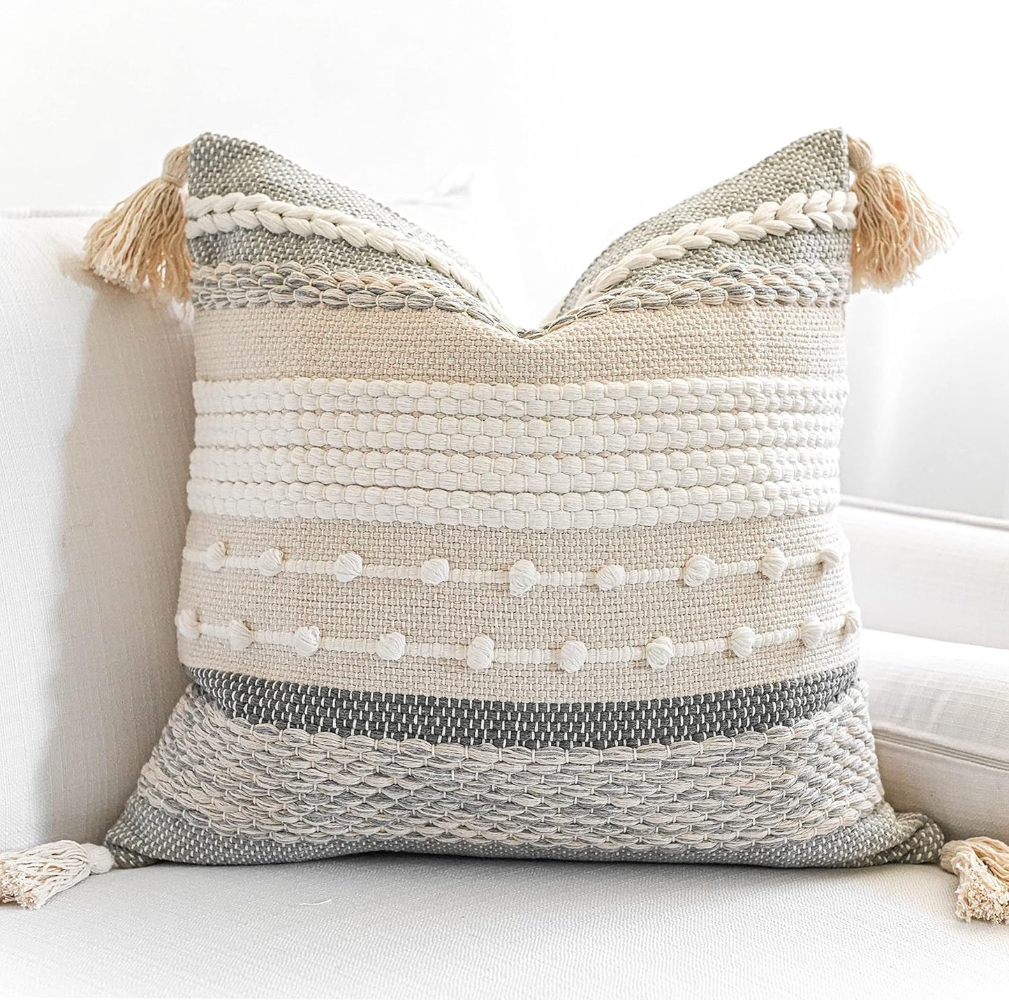 BlissBlush Gray Boho Throw Pillow Cover 18x18 Grey Decorative Accent Pillow for Couch Square Woven Textured Pillowcase Modern Farmhouse Pillow for Bed Bohemian Pillow Cover (Pack of 1)