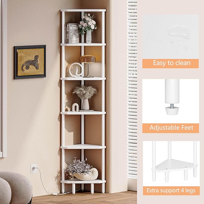6 Tier Corner Shelf with LED Light, 66.5'' Tall Standing Shelf, Narrow Display Shelf Stand, Modern Corner Bookshelf, Plant Stand, Corner Bookcase for Living Room, Bedroom, Small Space LCS502WE
