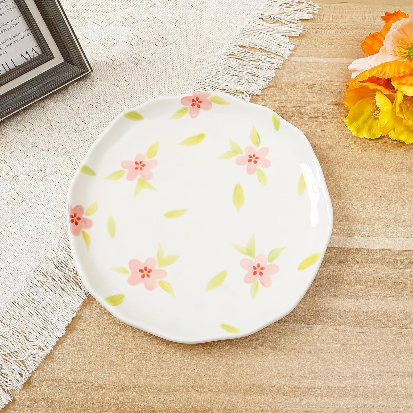 Koythin Ceramic Dessert Plates, Cute Fruits Dinner Plate, Creative Plates Design, Printed Flowers Dinnerware for Office and Home, Kitchen Plates for Desserts (Retro Pink Flower)