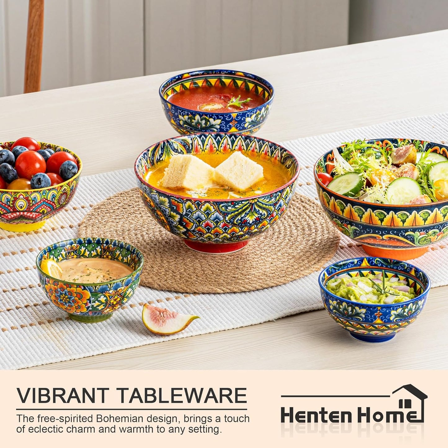 Henten Home 6.5 oz Small Dessert Bowls, Porcelain Boho Snack Bowl Set of 6 - Ceramic Colorful Bowls for Salsa, Dipping, Sauce, Decorative, Microwave & Dishwasher Safe