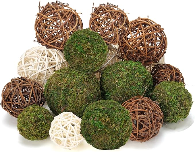 18Pcs Decorative Balls for Centerpiece Bowl - 6Pcs Fake Moss Balls + 12Pcs Rattan Wicker Balls, Artificial Moss Decorative Balls Vase Fillers for Home Garden Wedding Party Decor (Rustic)