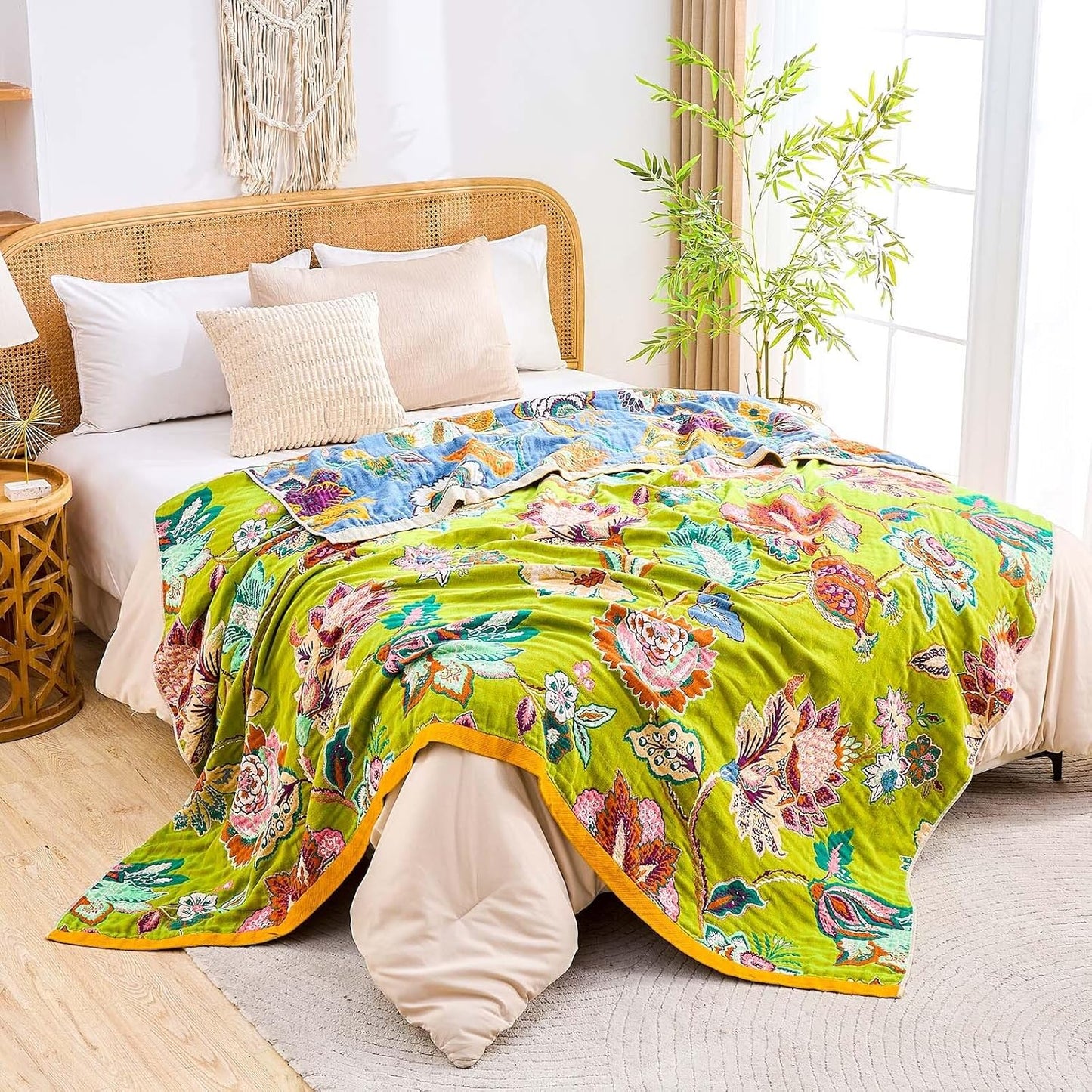 Fall Throw Blanket, 100% Cotton Soft Rustic Boho Throw Blanket for Bed, 50"x60" Farmhouse Decor Bed Flower Blankets, Light Weight Reversible Bohemian Throw Quilt