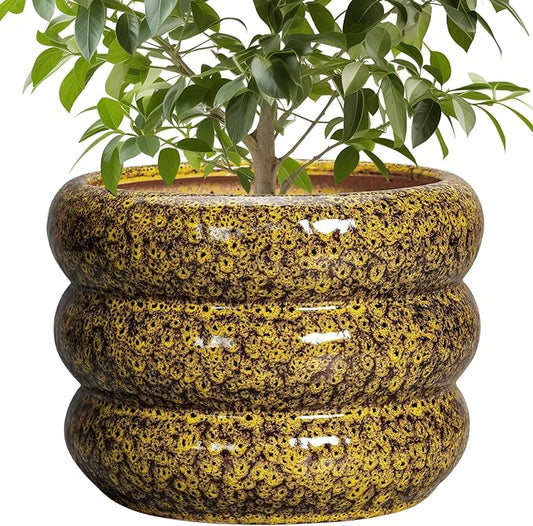 SQOWL Ceramic Flower Pots - 10 Inch Plant Pot Indoor with Drainage Hole, Round Bubble Planter for Outdoor Plants, Decorative Ceramic Plant Pot, Porch Home House Decor, House Warming Gifts, Yellow