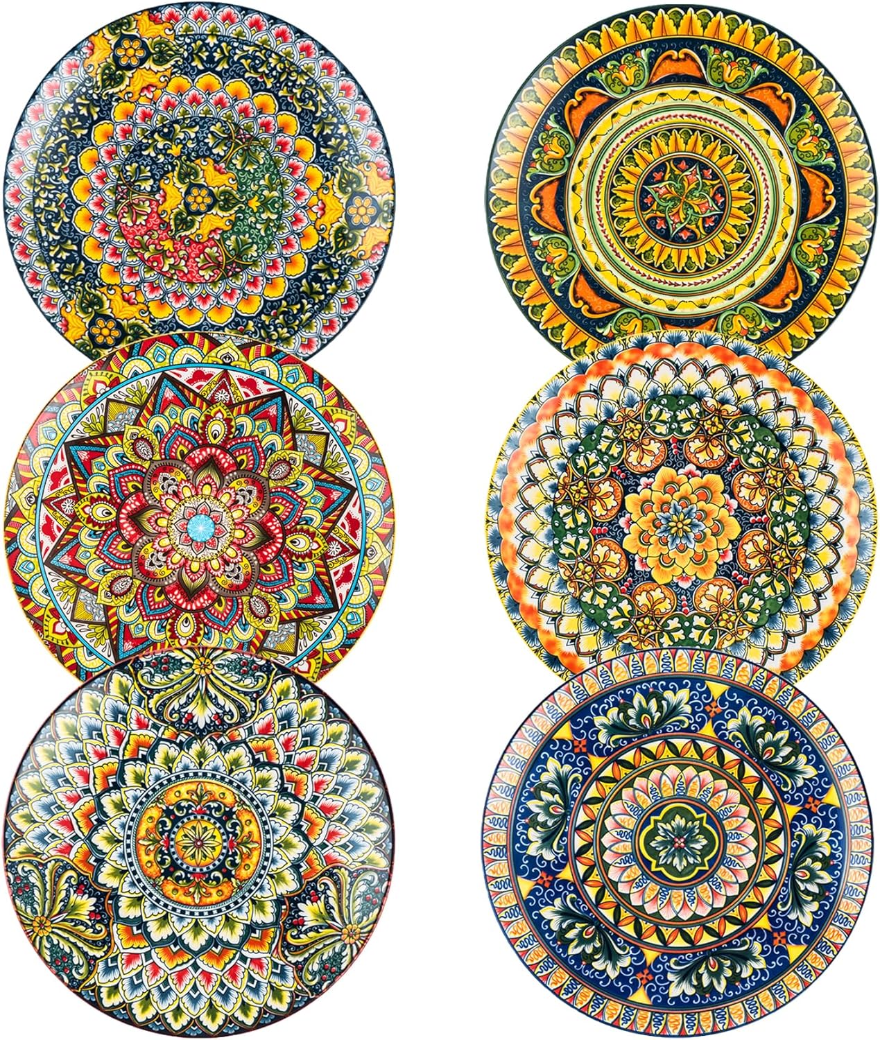 Henten Home Ceramic Dessert Plates Set of 6, 8.5 Inch Porcelain Salad Plate, Colorful Bohemian Style Serving Dishes for Cake, Snack, Appetizer, Decorations, Dishwasher & Microwave Safe