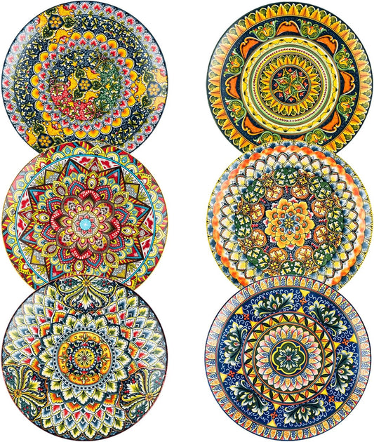 Henten Home Ceramic Dessert Plates Set of 6, 8.5 Inch Porcelain Salad Plate, Colorful Bohemian Style Serving Dishes for Cake, Snack, Appetizer, Decorations, Dishwasher & Microwave Safe