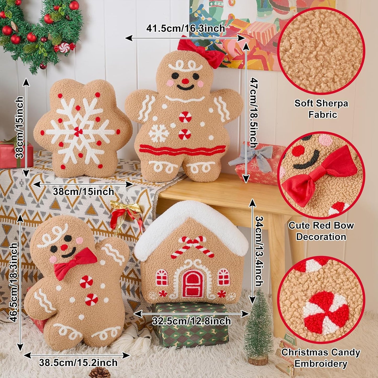 Lanpn Christmas Gingerbread Pillows Set of 4, Christmas Decoration Winter Throw Pillows Soft Fleece Sherpa Cute 3D Shaped Ginger Bread Throw Cushion for Sofa Bedroom Xmas Decor