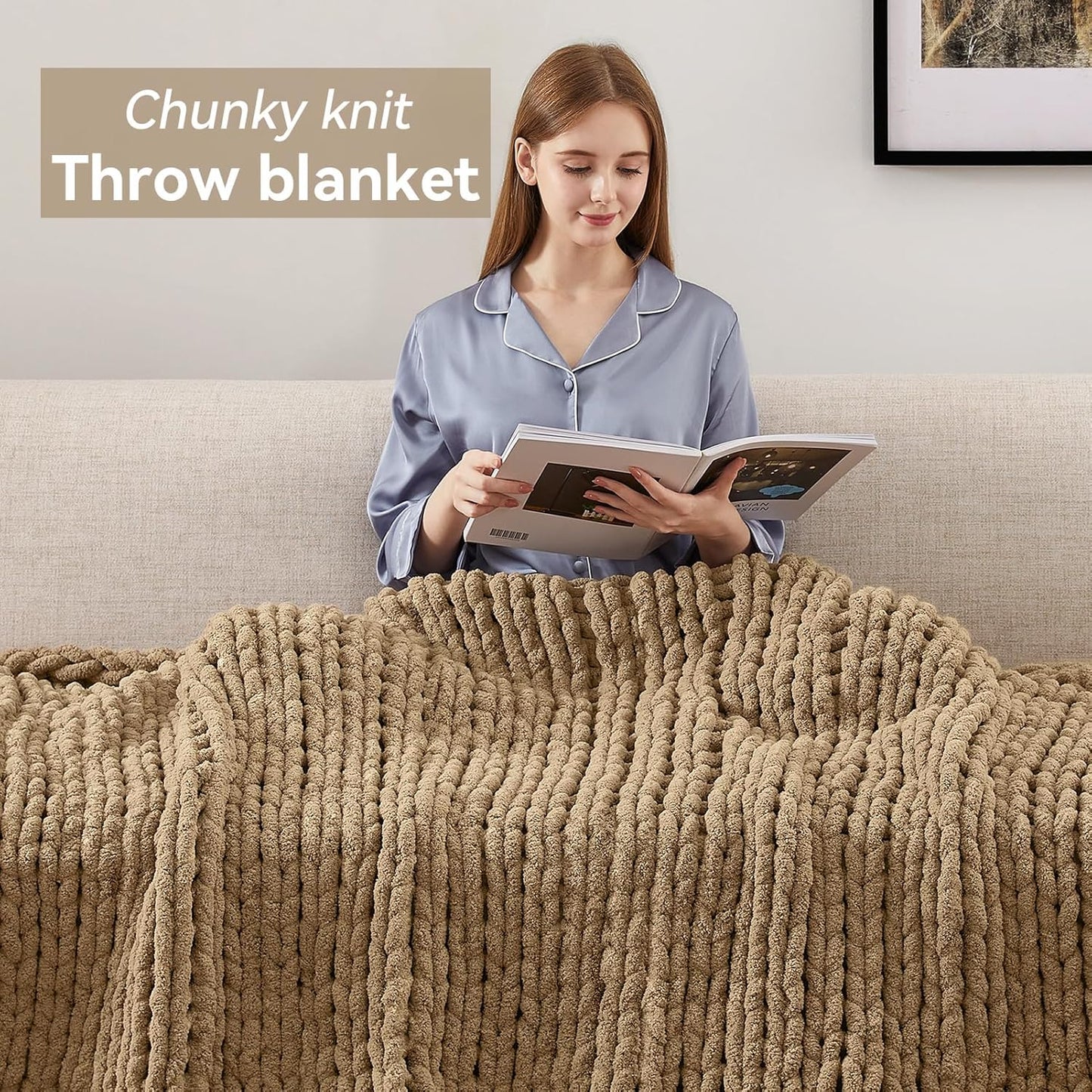 Chunky Knit Throw Blanket, 50''*60'' Knitted Throw Chenille Yarn for Bed Couch, Handmade Light Brown Crochet Big Thick Blanket, Machine Washable Cute Comfy Blanket for Home Decor