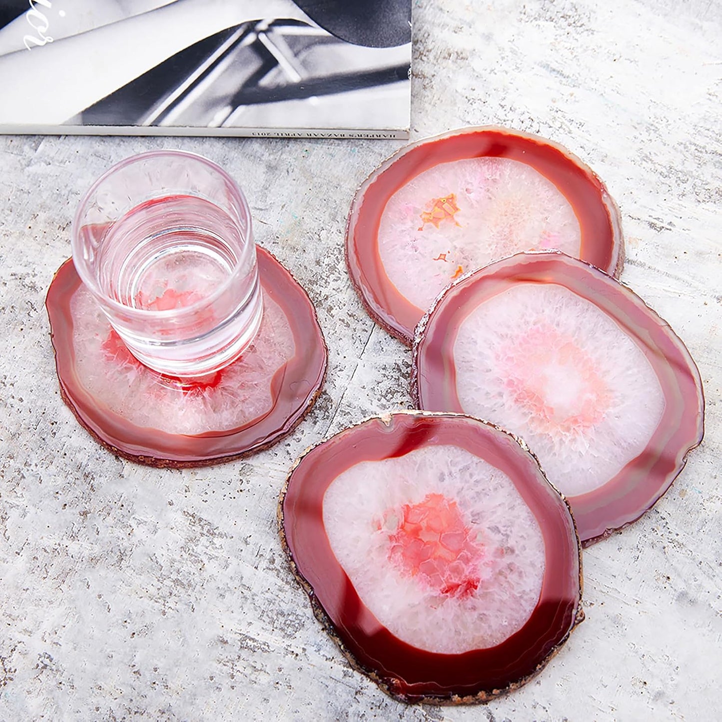 Luxury Lane Set of 4 Large Natural Brazilian Agate Slice Geode Rock Stone Drink Coasters with Wood Holder 4.3-4.7 inch Centerpiece Table Decoration, Red