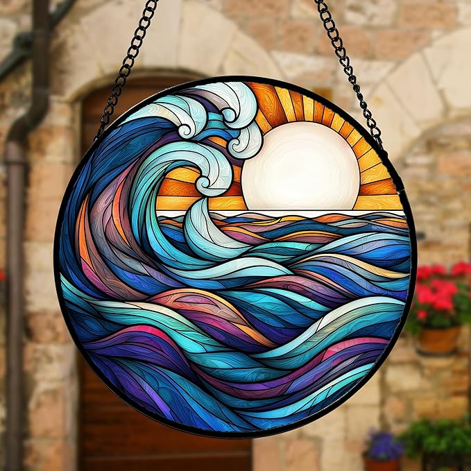 Stained Glass Window Hanging, Big Wave Sun Suncatcher Diamond Glass Panel Hangings Abstract Sun Catchers Decor for Birthday for Women, Men, Wife, Aunt, and Mom 11.8x11.8 in