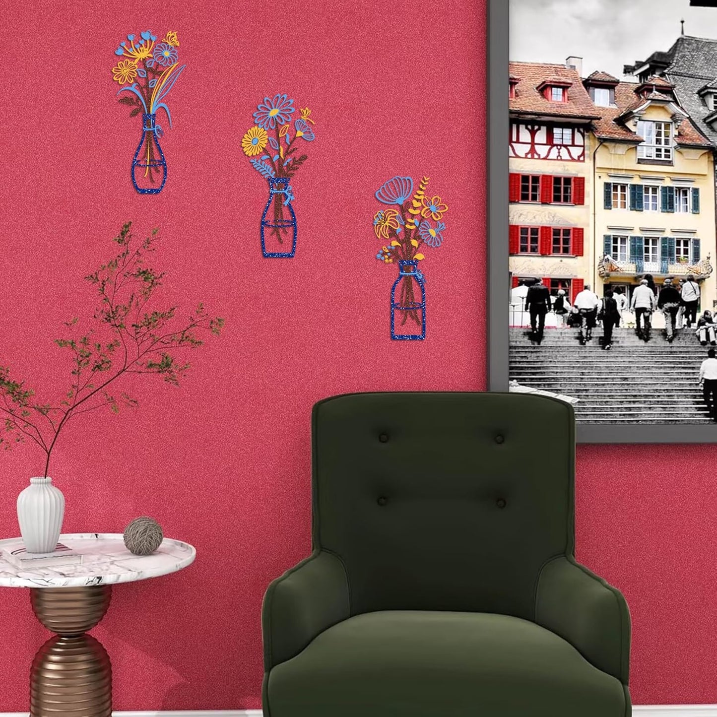 Iron Metal Vase Flower Wall Art Set of 3 - Minimalist Black Floral Decor for Living Room Bedroom Kitchen, Office Garden - Modern Farmhouse Home Decor & Housewarming Gifts (Blue-Yellow)