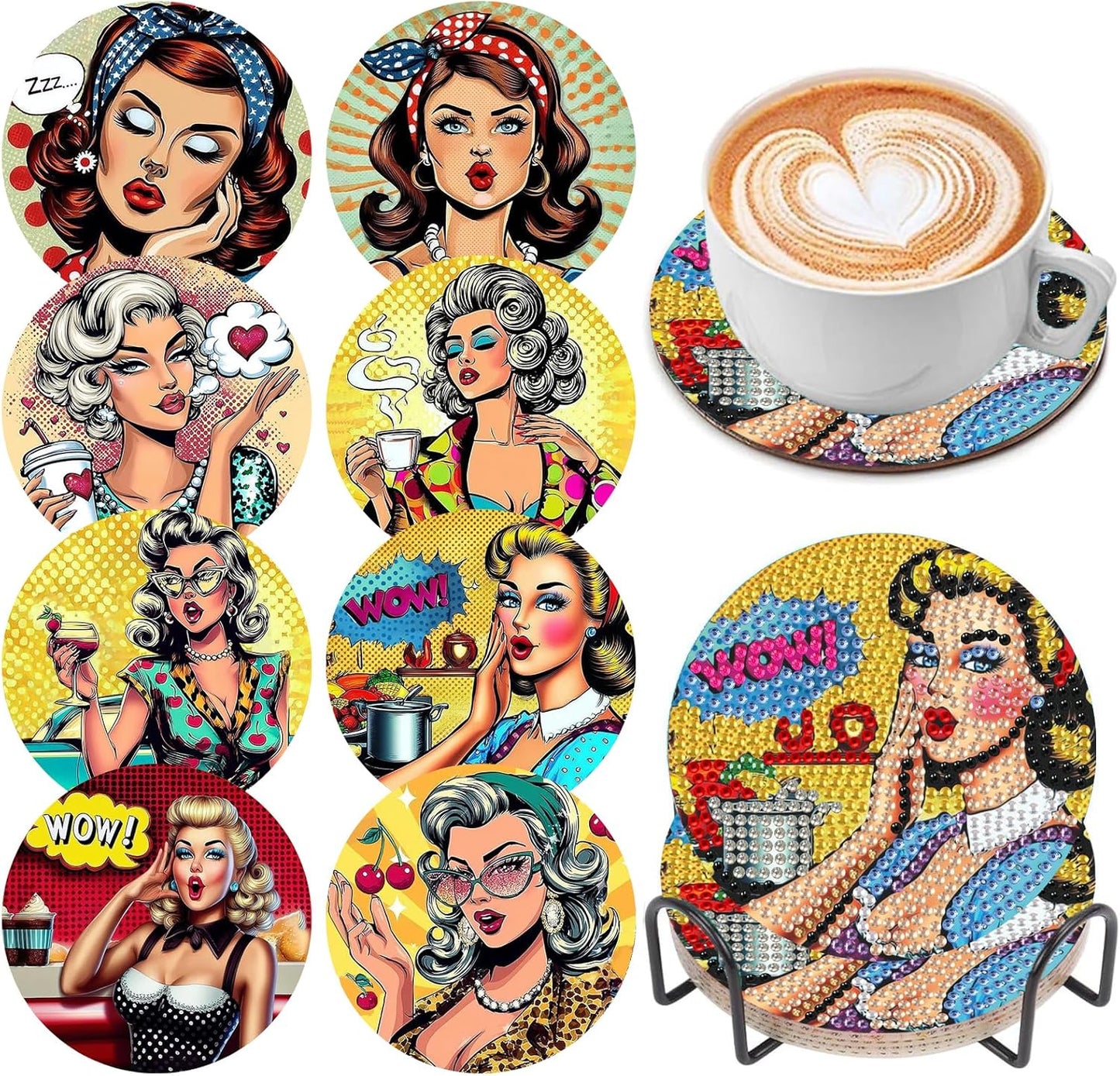 DOZEEZOP 8 PCS Diamond Art Coasters Kit, 5D Diamond Painting Coasters with Holder, Fall Small Diamond Art Kits for Adults Beginners, Diamond Dots Arts and Crafts Supplies Retro