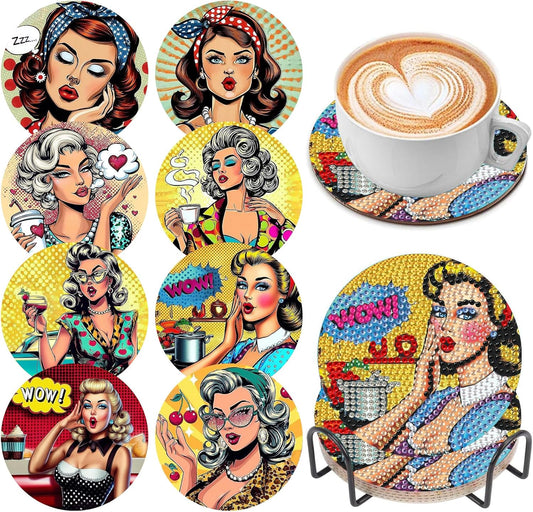 DOZEEZOP 8 PCS Diamond Art Coasters Kit, 5D Diamond Painting Coasters with Holder, Fall Small Diamond Art Kits for Adults Beginners, Diamond Dots Arts and Crafts Supplies Retro