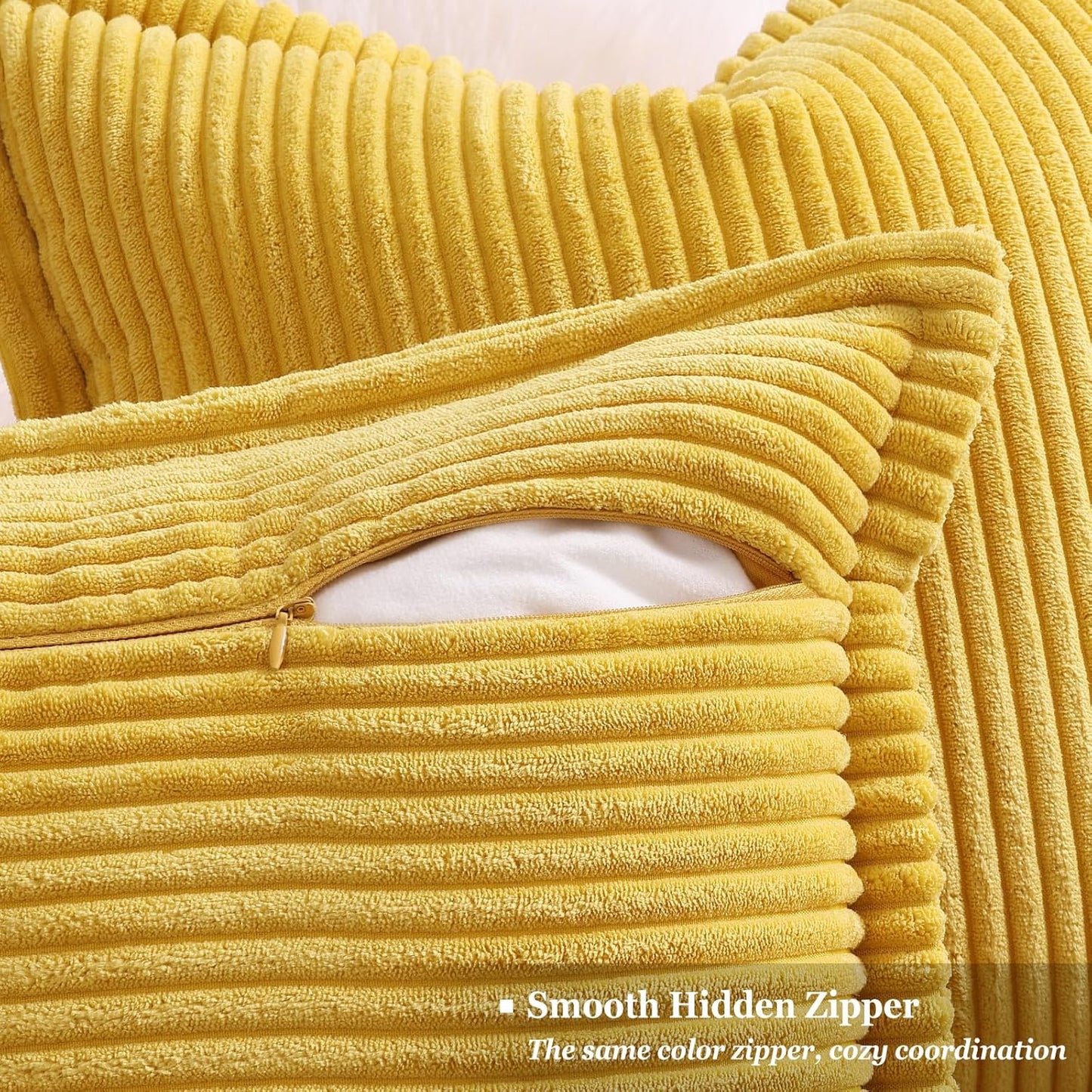 decorUhome Corduroy Mustard Yellow Throw Pillow Covers 22x22 Set of 2 Decorative Soft Boho Farmhouse Euro Couch Pillow Covers for Living Room Bed Sofa Broadside Striped Pillow Cases