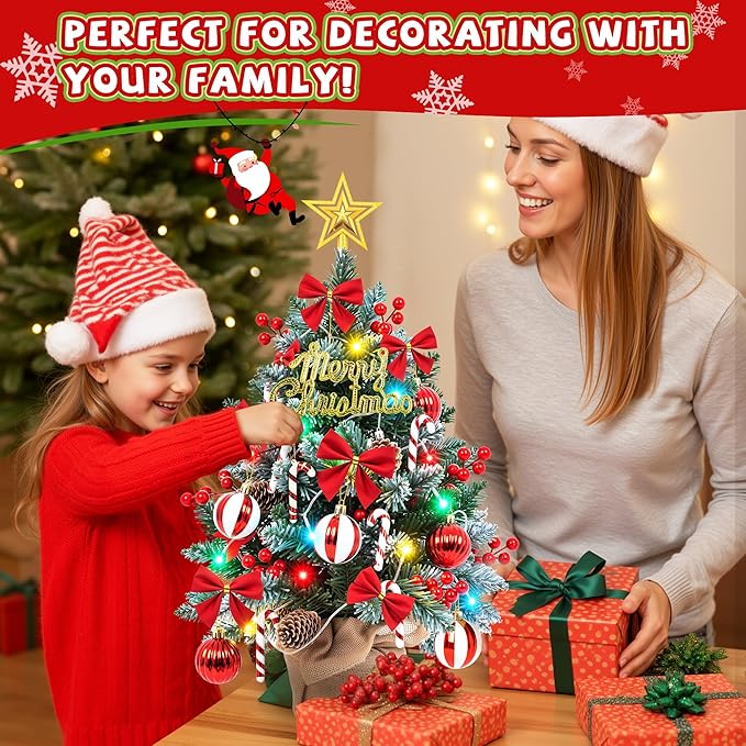 2FT Tabletop Mini Christmas Tree with Colorful LED Lights,DIY Ornaments,24 Inch Small Artificial Pine Tree with Star Topper, Battery Operated Desktop Xmas Tree for Home Office Holiday Decorations Gift