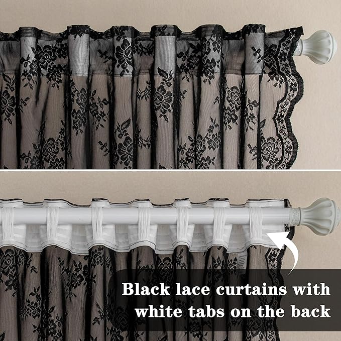 MEETSKY Lace Sheer Curtains 72 Inch Long Black Goth Victorian Vintage Spooky Halloween Holiday Party Decor for Living Room Bedroom Back Tab Rod Pocket Light Filtering Drapes, 50"W Each Panel, 2 Pieces