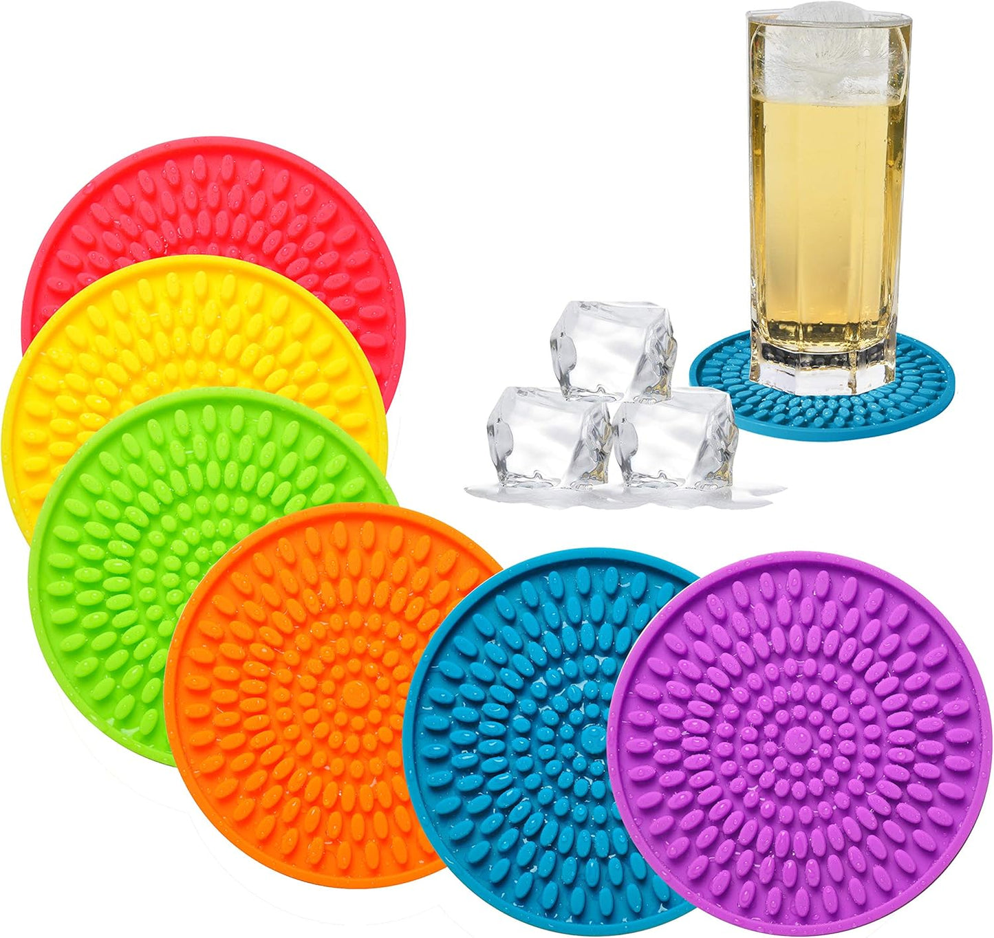 Colorful Coasters for Drinks Absorbent, Rubber Drink Coaster Set, Silicone Rainbow Coasters for Kids Coffee Table Desk, 4.3 Inch Oval Shape Deep Tray Pot Holder Trivet (Set of 6)