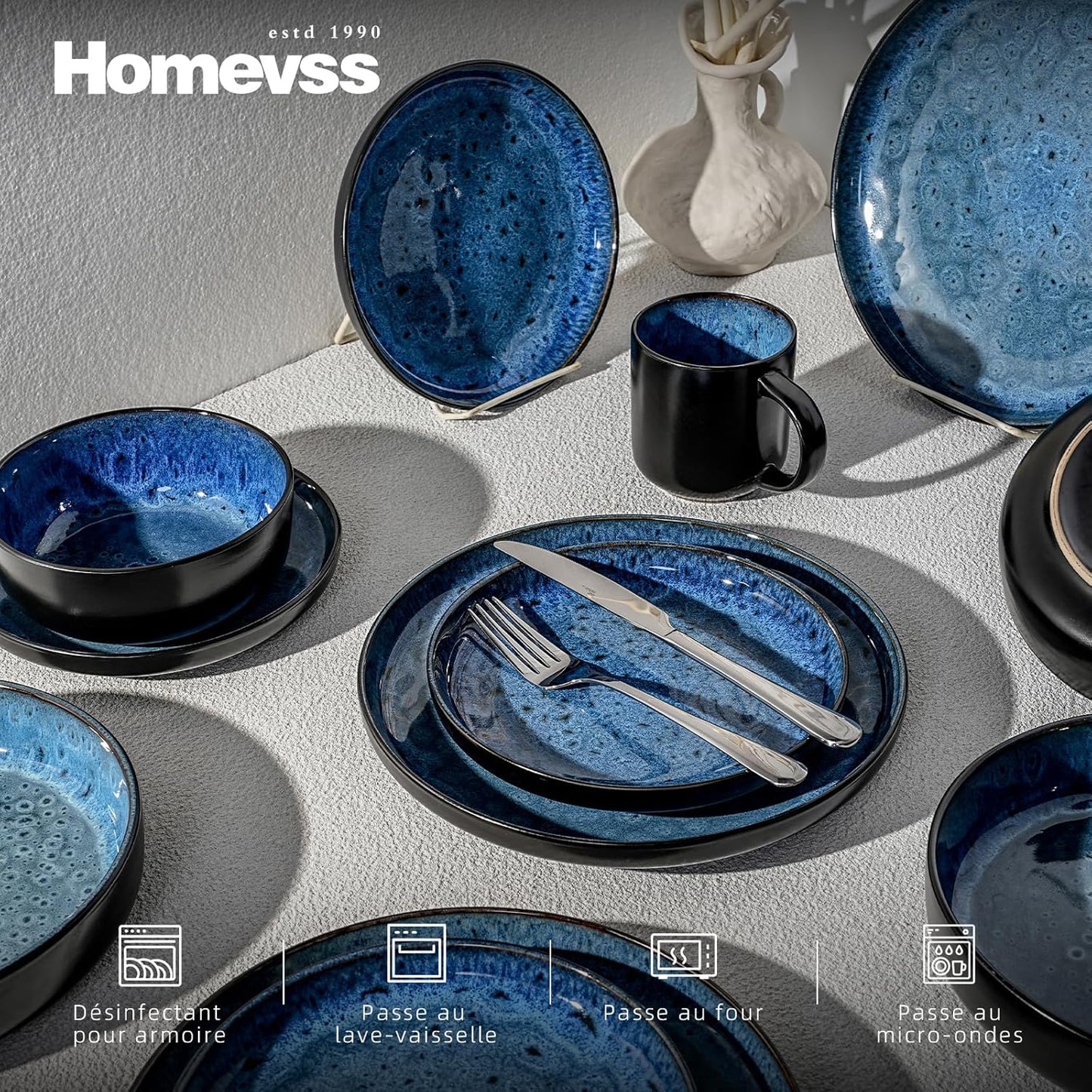 HomeVss 20-Piece Dinnerware Set - Serves 4, Reactive Glaze Bubble Blue Plates & Bowls Set | Microwave & Dishwasher Safe