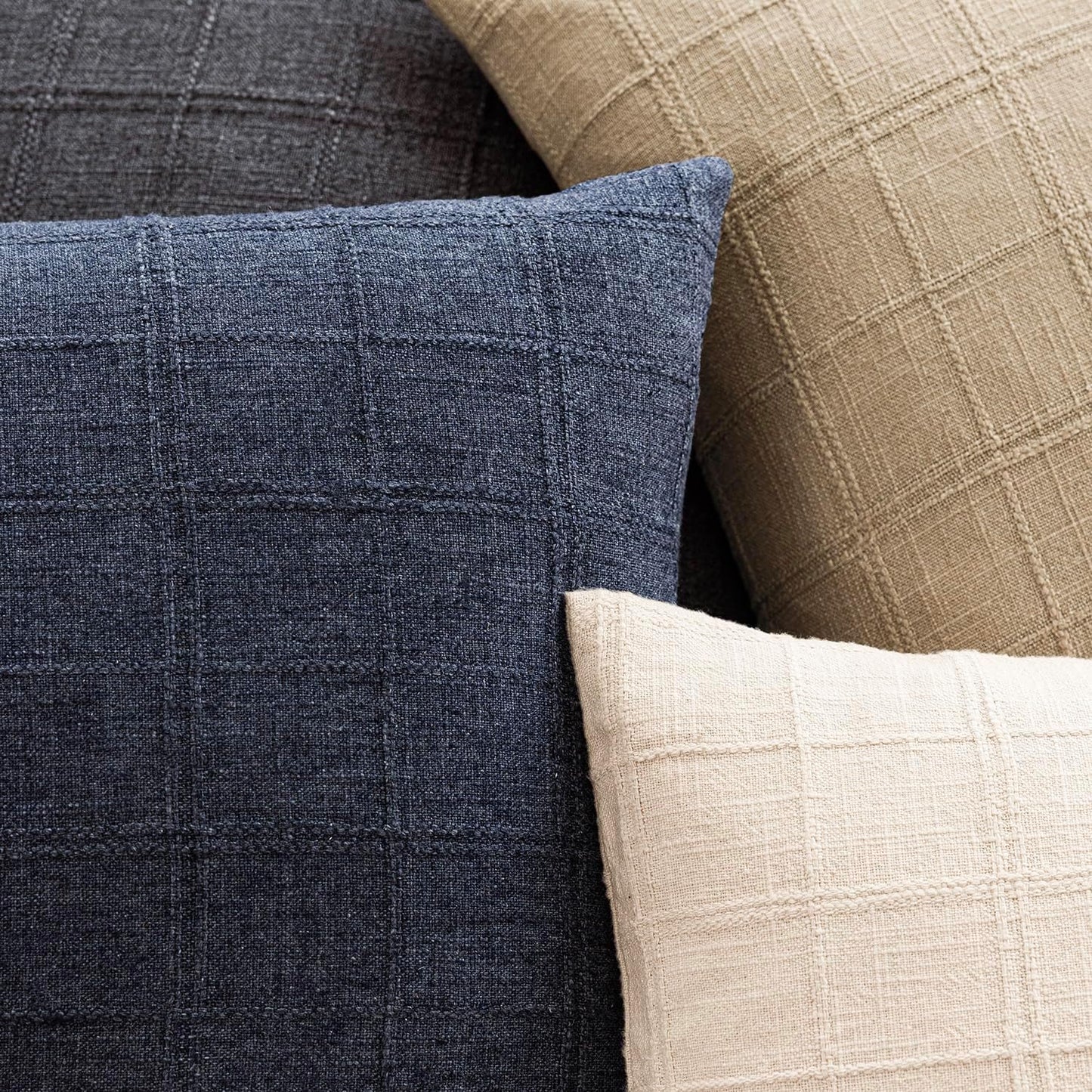 Foindtower Set of 2 Decorative Linen Check Throw Pillow Covers Neutral Farmhouse Lumbar Cushion Covers Modern Boho Home Decor for Sofa Chair Couch Bedroom Living Room,12×20 Inch,Navy Blue