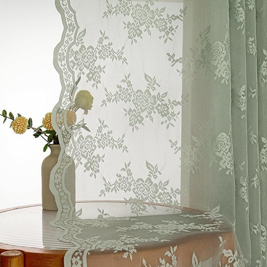 MEETSKY Boho Lace Curtains 45 Inch Length 2 Panels Set Vintage French Sheer Kitchen Curtains for Small Windows Back Tab Rod Pocket Transparent Light Filtering Drapes, 50" W Each Panel, Sage Green