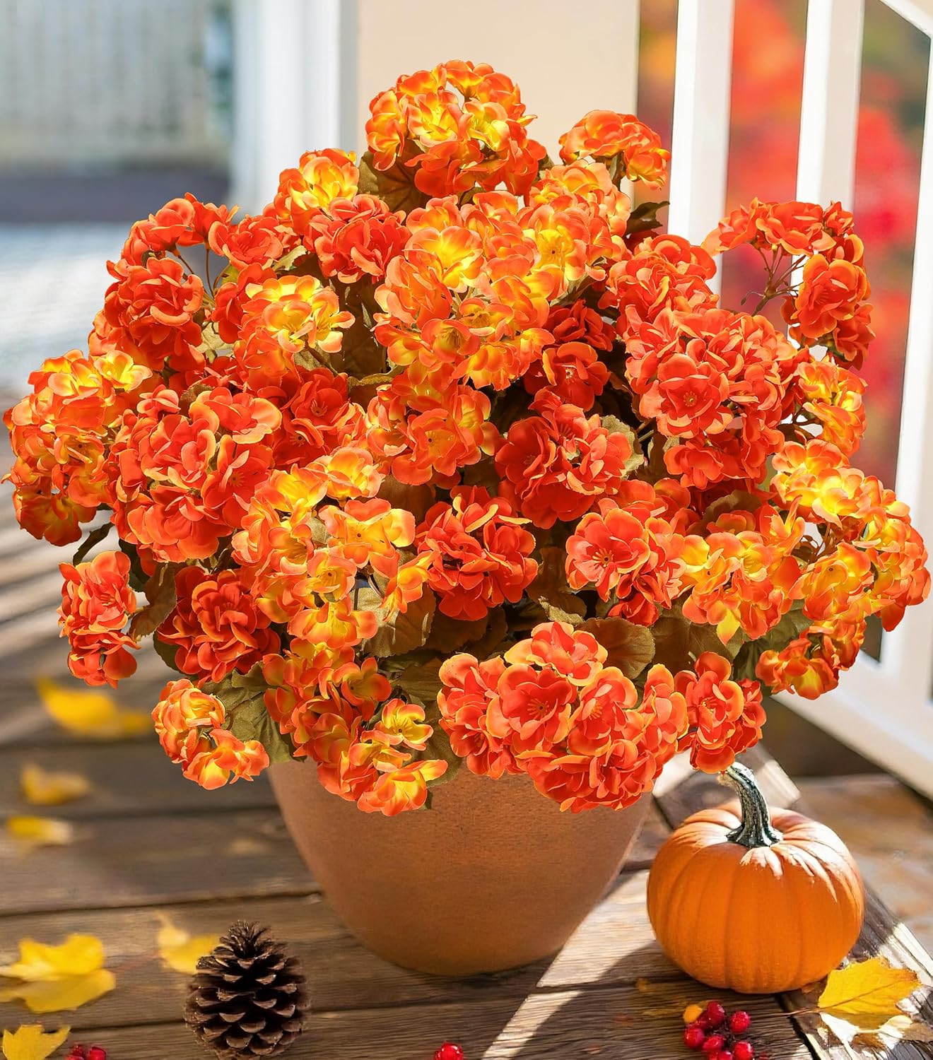 Fake Geraniums Artificial Flowers for Outdoors Fall Autumn Decoration, 6 Bundles Silk Geraniums Look Real Faux Fall Flowers Plants for Front Door Garden Planter Patio Balcony Yard Home Indoor, Mix