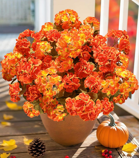 Fake Geraniums Artificial Flowers for Outdoors Fall Autumn Decoration, 6 Bundles Silk Geraniums Look Real Faux Fall Flowers Plants for Front Door Garden Planter Patio Balcony Yard Home Indoor, Mix