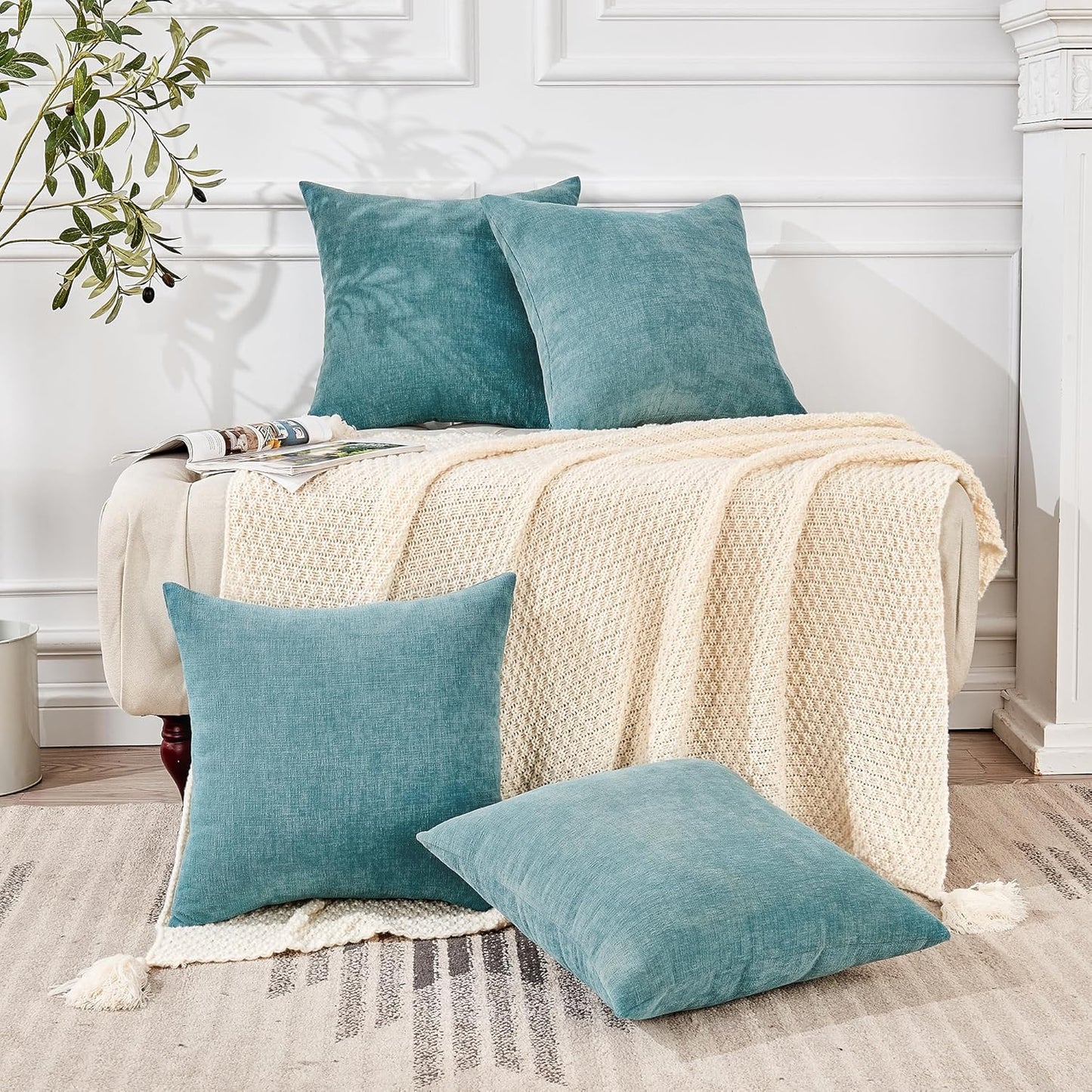 GAWAMAY Decorative Square Throw Pillow Covers 18"x18" Inch Set of 4, Super Soft Chenille Pillows Farmhouse Fall Pillowcase for Living Room Bedroom Sofa Couch Cushion Cover Smoke Blue 45x45cm