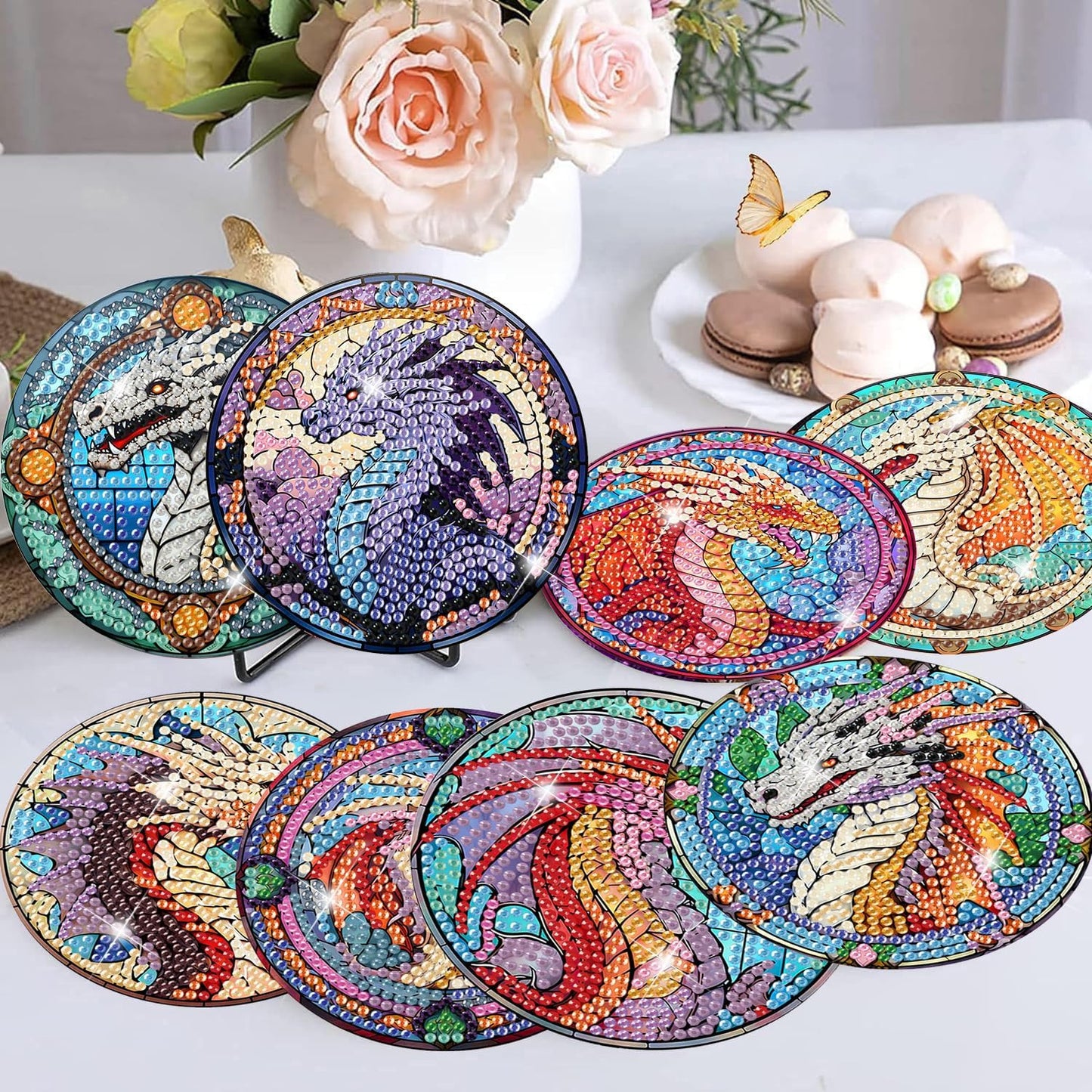 Meothan 8 Pcs Diamond Art Coasters Kits for Adults with Holder Cork Pads, Dragon Diamond Dots Art Painting Coasters Crafts Kit for Home Office Decor (Stained Glass Style)