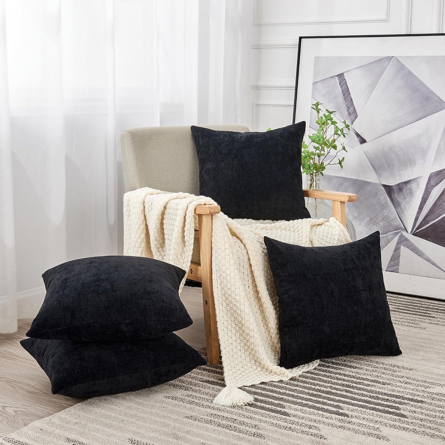 GAWAMAY Decorative Square Throw Pillow Covers 18"x18" Inch Set of 4, Super Soft Chenille Pillows Farmhouse Fall Pillowcase for Living Room Bedroom Sofa Couch Cushion Cover Black 45x45cm (No Insert)