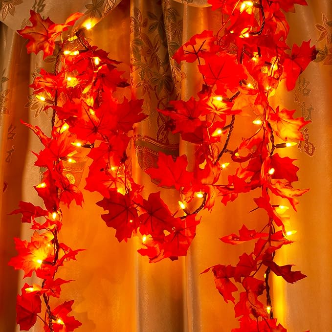 Thanksgiving Fall Decorations for Home Maple Leaf String Lights, 9.16FT Fall Leaves Garland with Lights 50 Bulbs Lighted Fall Garland Lights for Halloween Fall Decor Outdoor Thanksgiving Mantle